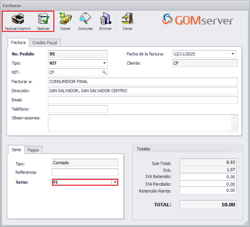 GOM server Pedido Agregar Lote Facturar Factura Imprimir