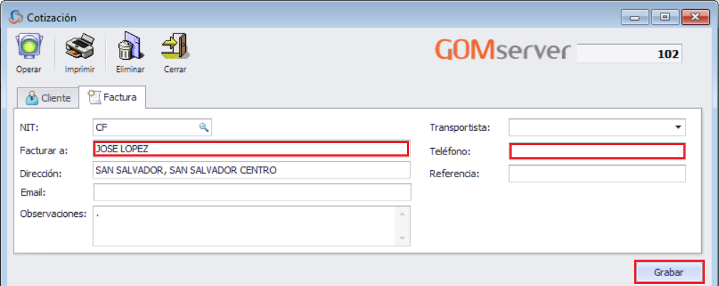 GOMserver Windows Cotizaciones Agregar Cliente Detalle