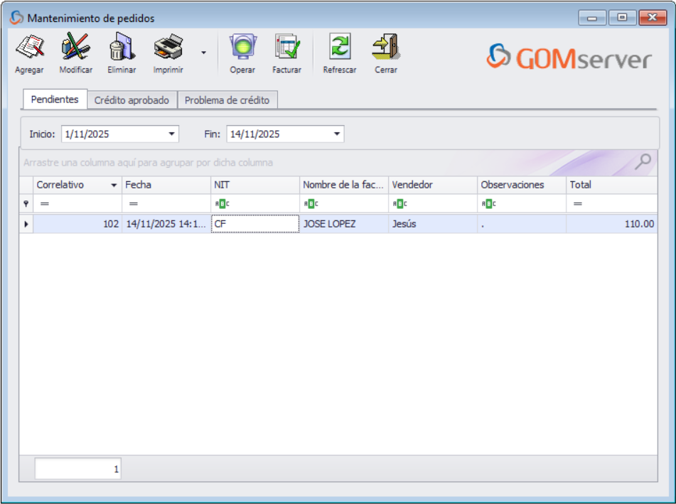 GOMserver Windows Cotizaciones Operar Tipo de Entrega Pedido