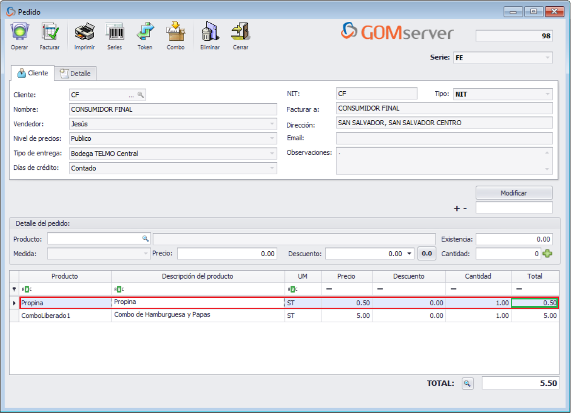 GOMserver Windows Pedido Propina
