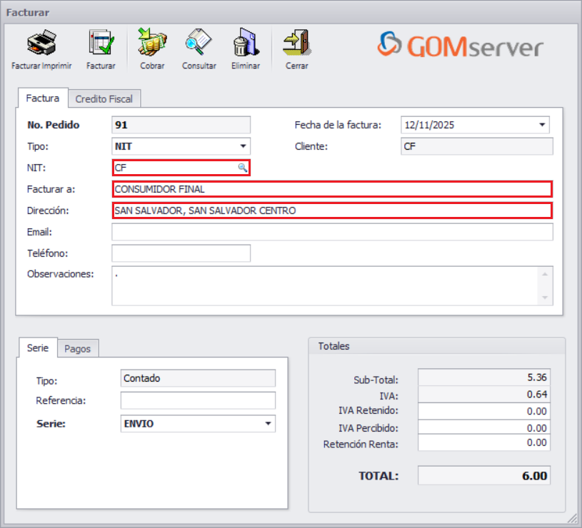 GOM server Pedido Agregar Combo Liberado Facturar Facturar