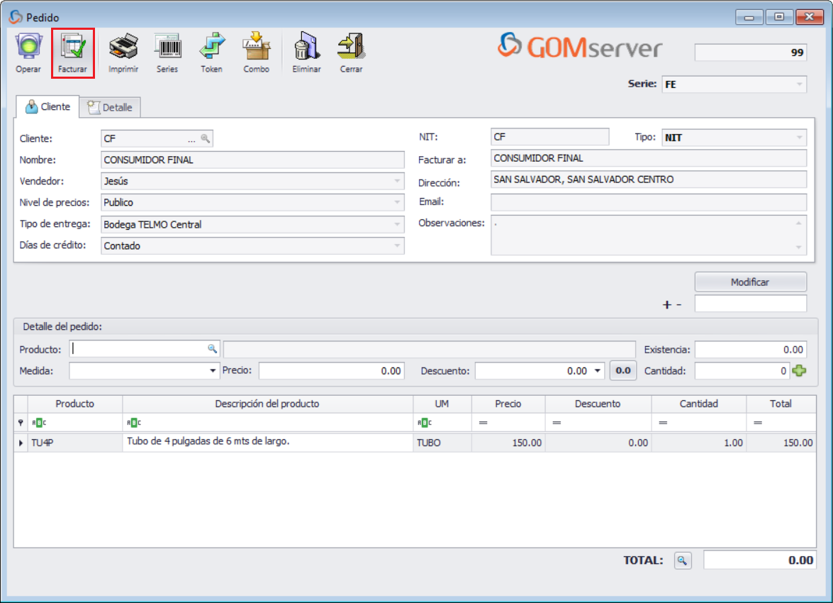 GOMserver Windows Pedido Medida Facturar