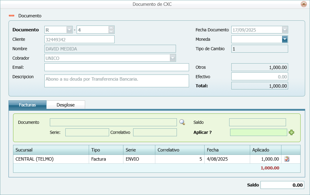 Cuentas por Cobrar Pagos Masivos Operar Ventana Recibo