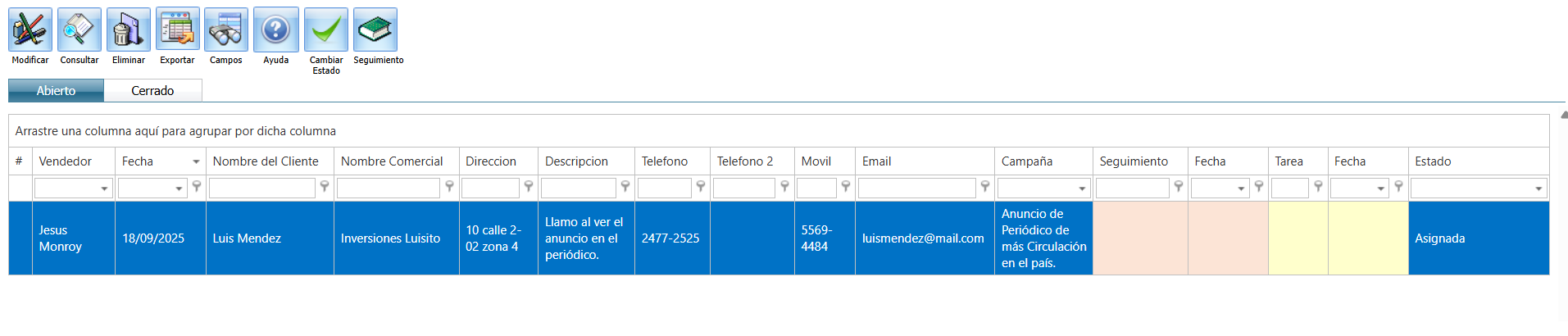 Cuentas por Cobrar Crm Cliente Seguimiento Ventana