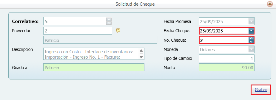 Bancos Solicitud Cheque Lleno Operar Ventana 2