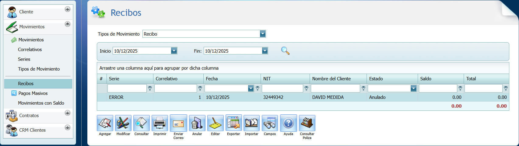 S F Cuenta por Cobrar Movimientos Recibo Anulacion Anulado