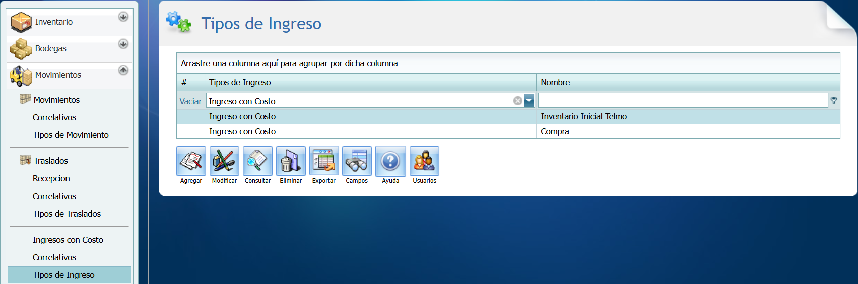 Tipos de Ingreso Orden
