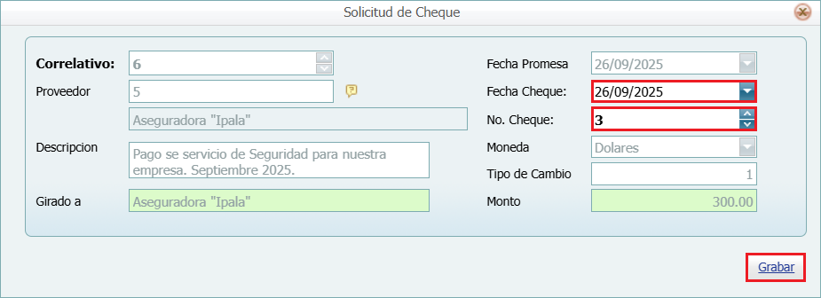 Bancos Solicitud Cheque Lleno Operar Ventana 3