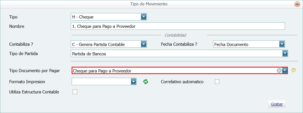 Bancos Tipo de Movimiento Bancos a Cuenta por Pagar