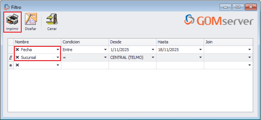 GOMserver Windows Reportes Personalizados Filtro