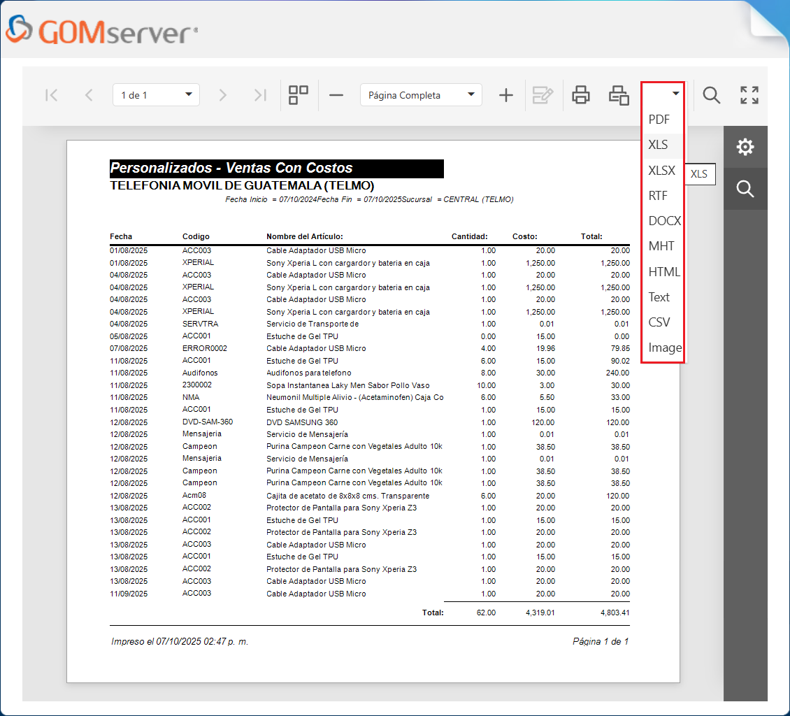 Reporte Exportar Reporte Impreso Importar