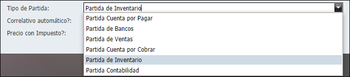 Contabilidad Enlaces Tipos de Ingreso Ventana Tipo de Partida