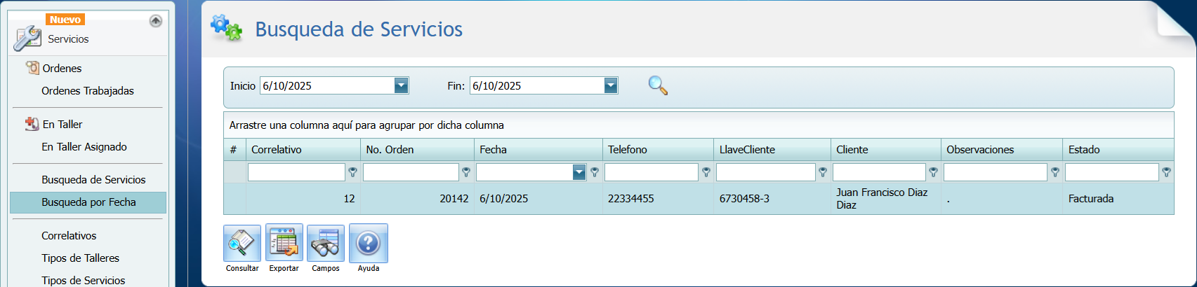 Help Desk Servicio Busqueda Fecha