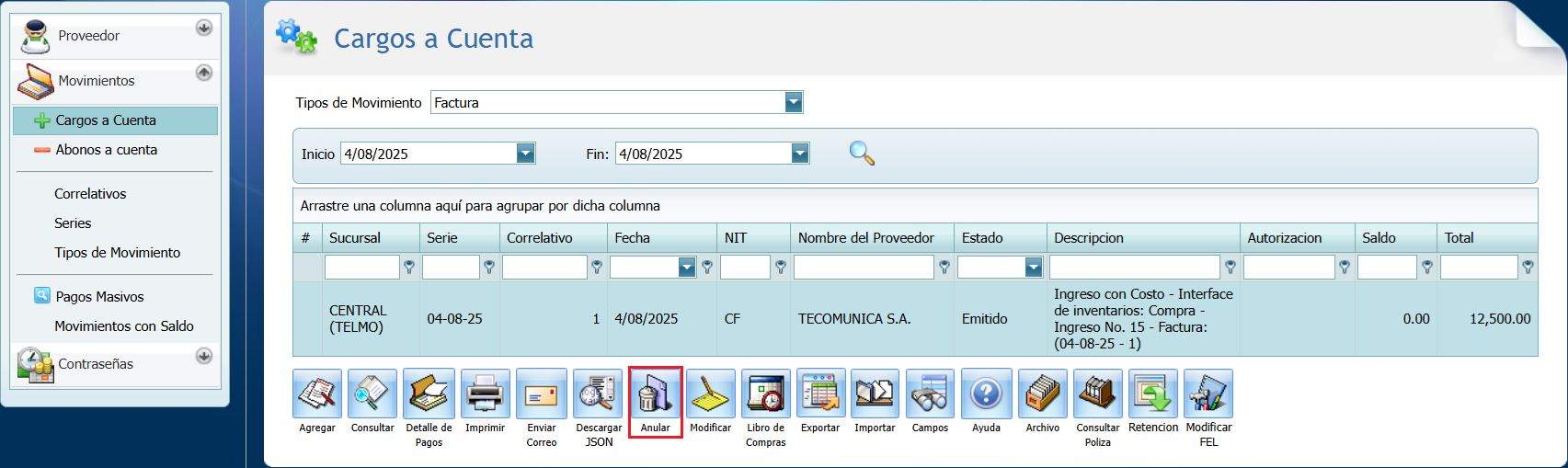 S F Cuentas por Pagar Factura Anular
