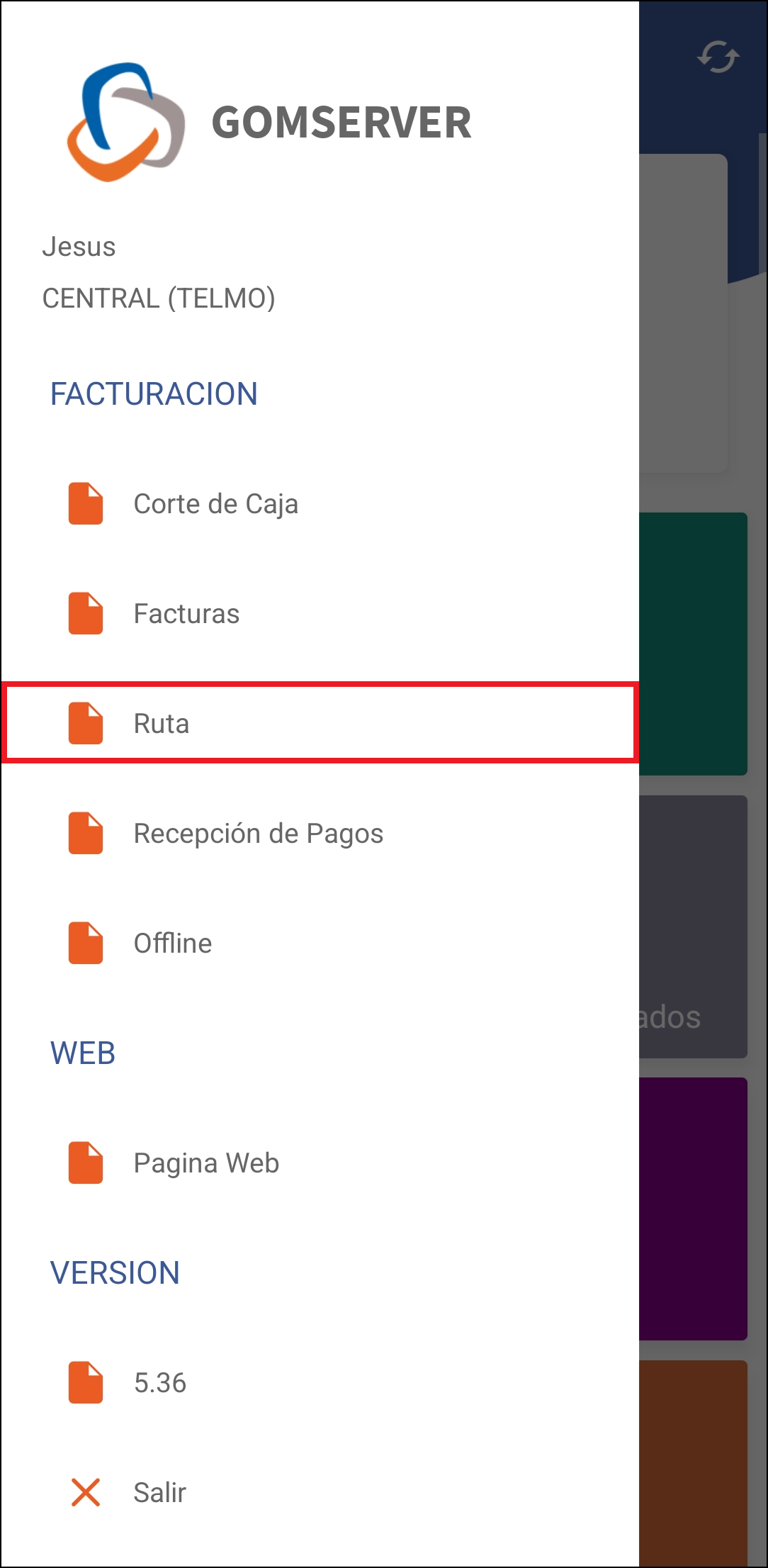 GOMserver App Menu Ruta