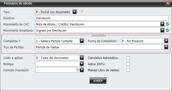 Contabilidad Enlaces Tipos de Devolucion Ventana