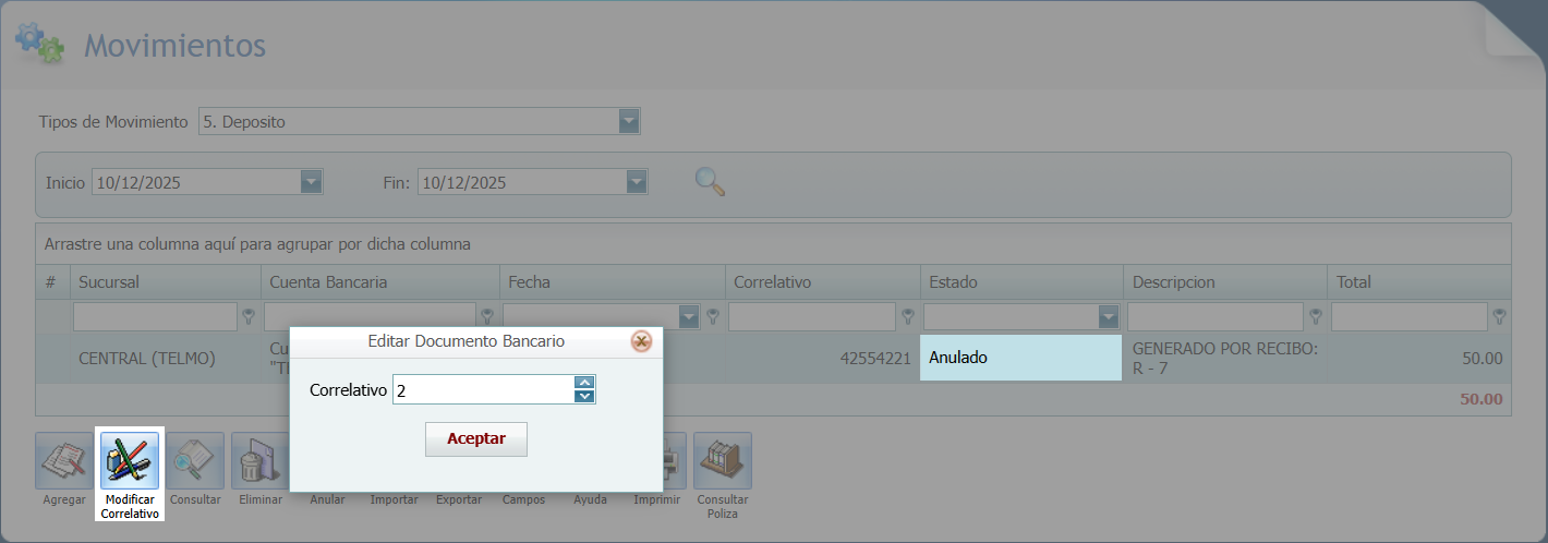 S F Bancos Movimientos Deposito Correlativo